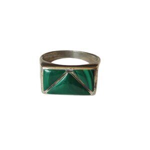 Vintage Malachite Sterling Silver Ring Emerald Green Boho Triangle Rectangle